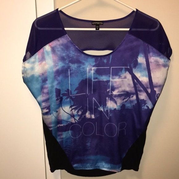 Express Women's Shirt Mesh Graphic Tee XS Purple - Picture 1 of 7